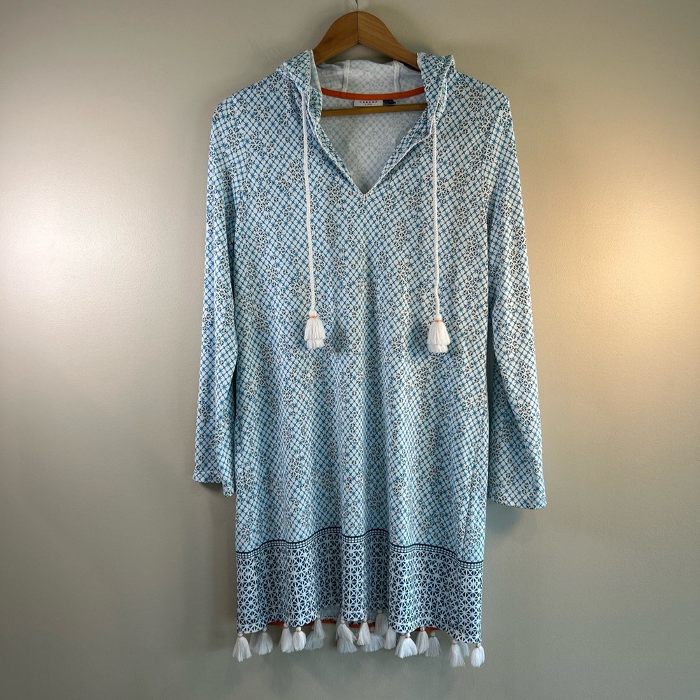 NWOT Cabana Life Blue and White Patterned Swim Cover-up with hood.SIZE Large